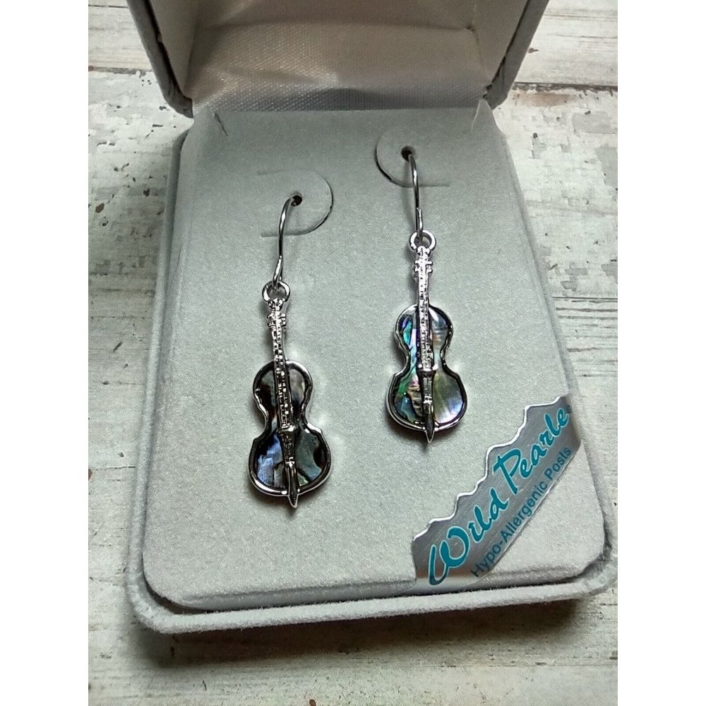 Storrs Wild Pearle Abalone Silvertone Violin Dangle Earrings Hypo-Allergenic
